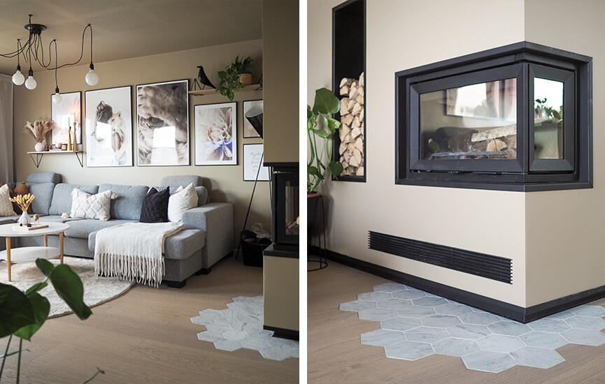 Photos of Karoline's living room with the new fireplace insert Jøtul I 620 FR