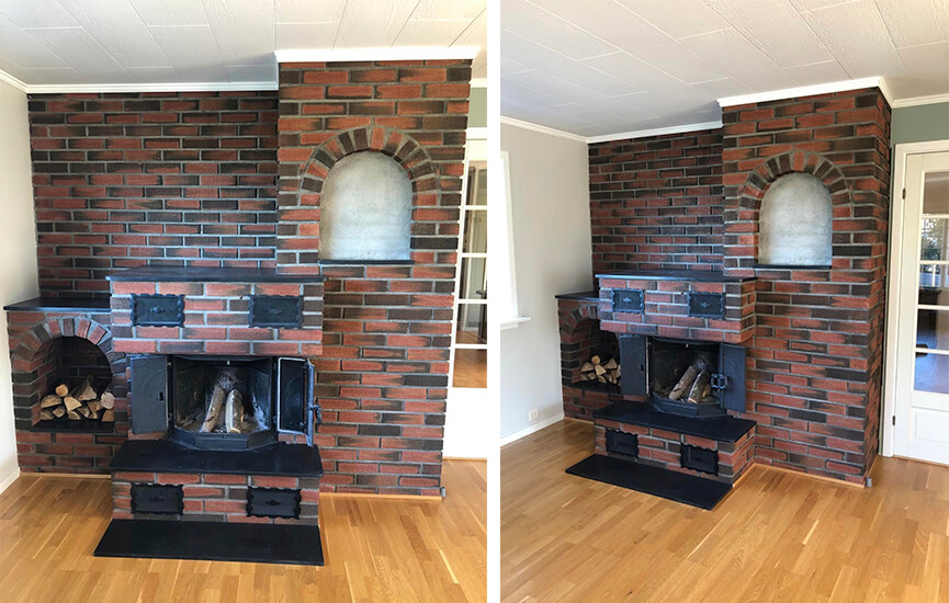Big and old fireplace with bricks