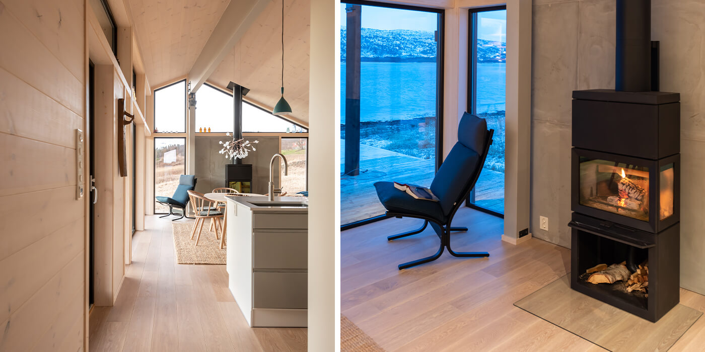 The wood-burning stove Jøtul F 520 HT in a beautifully finished, architect designed cabin