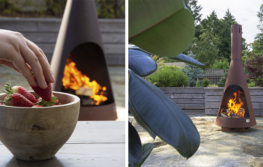 Jøtul Frøya outdoor fireplace in corten steel in the garden