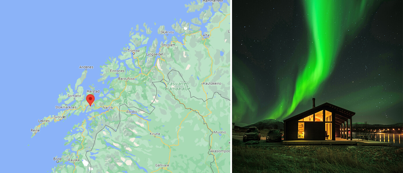 Map of Tjeldsund and Nordic cabin with northern lights.