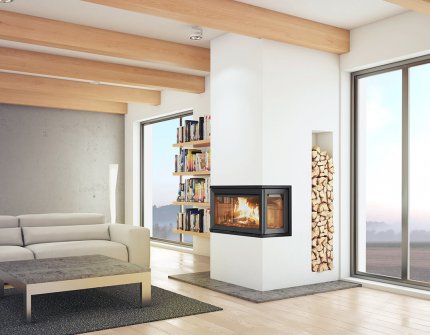 Jøtul I 620 FRL white fireplace insert with wood niche in bright modern living room