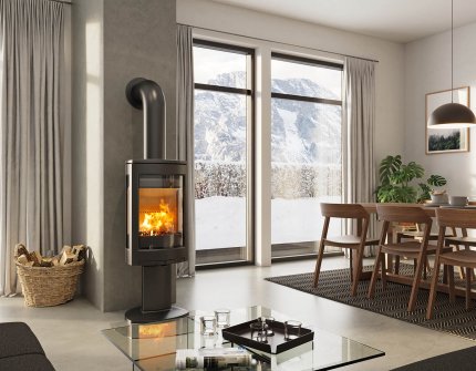 Jøtul F 373 Advance black wood burning stove in a modern living room